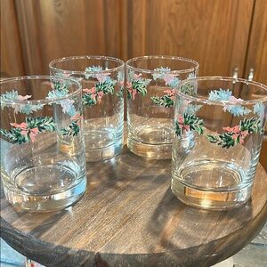Qty 4 Floral Patterned Green & Coral Glass Tumblers 8oz